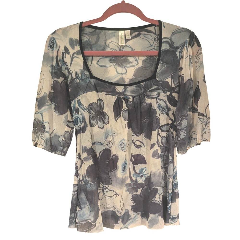 Daisy & Clover Mesh Blouse S Floral Square Neck Sheer Short‎ Sleeve Whimsical